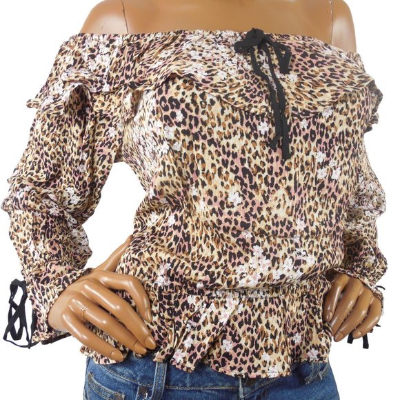 AMERICAN RAG Top L New $49 Tan/Pink Animal Print Blouse Cropped On/Off Shoulder - Picture 6 of 9
